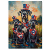 Mother Great Dane with Three Puppies Wearing Patriotic Hats and Bandanas by a Pond at Sunset in a Whimsical Celebration on Ready to Hang 1.5" Thick Canvas Wrap, Floating Framed Canvas, Flat Rolled Canvas